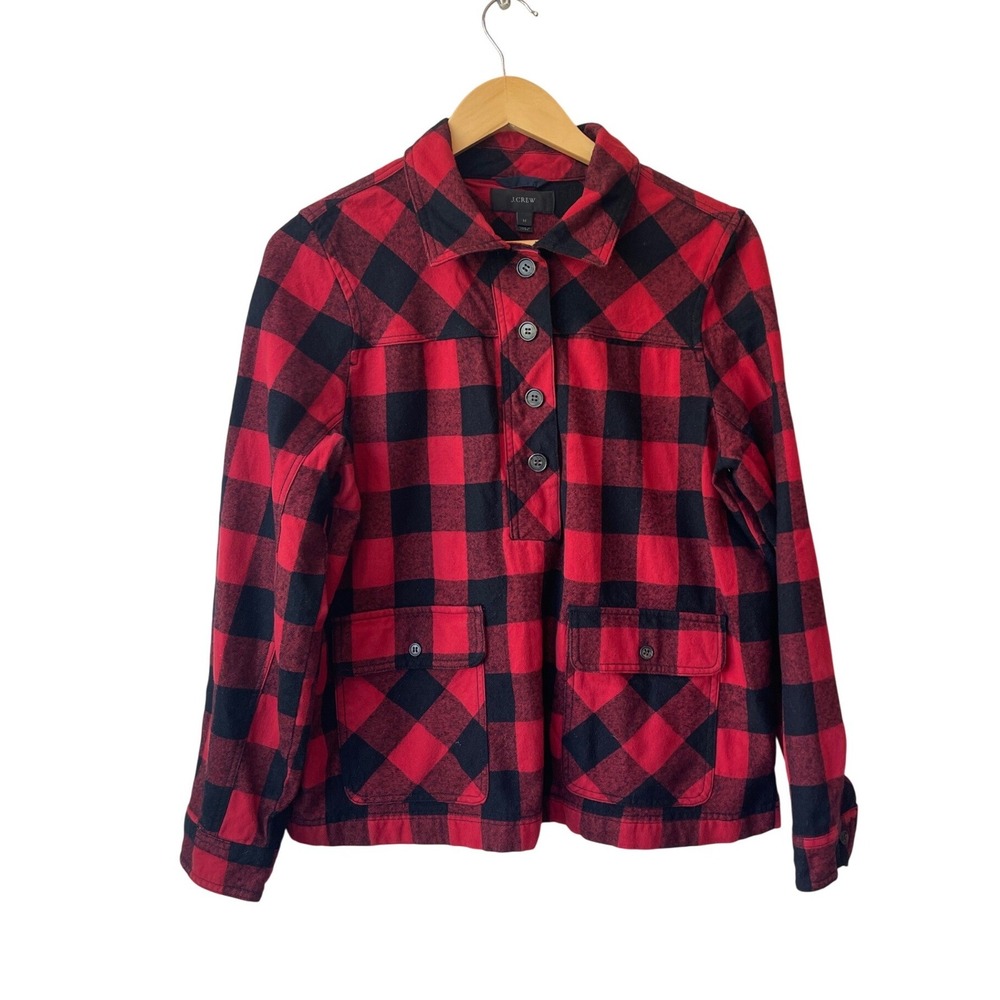 J.Crew Womens Red Black Buffalo Plaid Flannel‎ Pullover Top Size M Henley Preppy